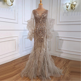 Gold Petal Long Sleeve Mermaid Evening Dress 2024: Luxury Sparkle Sequins, Beaded Sexy Formal Dress