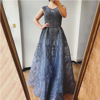 Dubai Blue A-Line Luxury Beaded Long Evening Dress - O-Neck Crystal Sexy Gown for Women's Wedding Party 2024