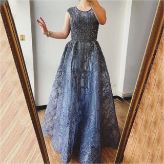 Dubai Blue A-Line Luxury Beaded Long Evening Dress - O-Neck Crystal Sexy Gown for Women's Wedding Party 2024