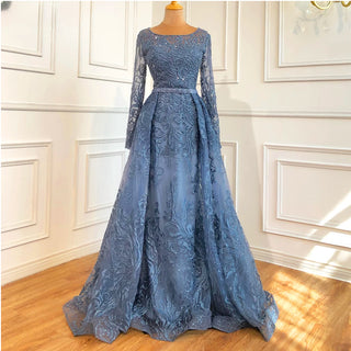 Muslim Blue Lace Beaded Luxury Evening Dress Gown: O-Neck Mermaid Elegant 2024 For Women Party Plus Size