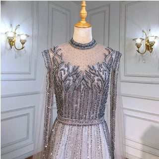 Luxury A-Line Silver Evening Dresses Gowns 2024 - Beaded Cape Sleeve For Woman Party