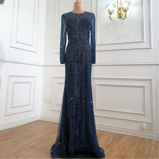 Dubai Grey Luxury Evening Dress: Full Diamond Mermaid Formal Wear with Long Sleeves and O-Neck 2024