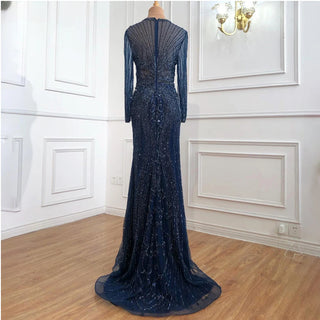 Dubai Grey Luxury Evening Dress: Full Diamond Mermaid Formal Wear with Long Sleeves and O-Neck 2024