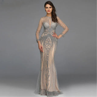 Dubai Grey Luxury Evening Dress: Full Diamond Mermaid Formal Wear with Long Sleeves and O-Neck 2024