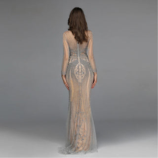 Dubai Grey Luxury Evening Dress: Full Diamond Mermaid Formal Wear with Long Sleeves and O-Neck 2024