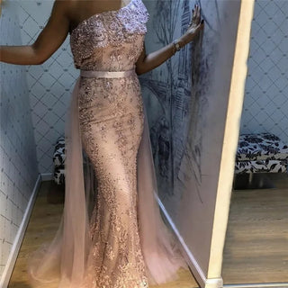 Ships in 1 to 3 Days - Pink One Shoulder Mermaid Sexy Evening Dresses 2024 - Lace, Pearls, and Sequins for Elegant Formal Glamour