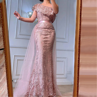 Ships in 1 to 3 Days - Pink One Shoulder Mermaid Sexy Evening Dresses 2024 - Lace, Pearls, and Sequins for Elegant Formal Glamour