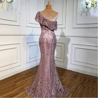 Ships in 1 to 3 Days - Pink One Shoulder Mermaid Sexy Evening Dresses 2024 - Lace, Pearls, and Sequins for Elegant Formal Glamour