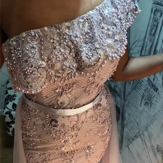 Ships in 1 to 3 Days - Pink One Shoulder Mermaid Sexy Evening Dresses 2024 - Lace, Pearls, and Sequins for Elegant Formal Glamour