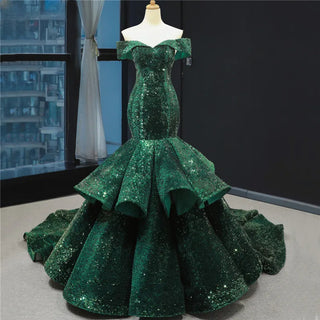 Green Mermaid Off-Shoulder Sequined Sparkle Wedding Dresses 2024