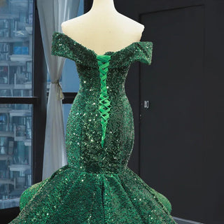 Green Mermaid Off-Shoulder Sequined Sparkle Wedding Dresses 2024