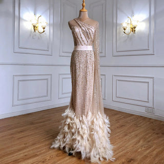 Mermaid Gold One Shoulder Evening Dress: 2024 Luxury Feather Beaded Elegant Gown for Women's Party