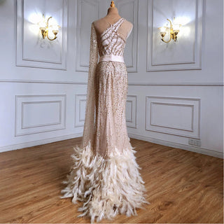 Mermaid Gold One Shoulder Evening Dress: 2024 Luxury Feather Beaded Elegant Gown for Women's Party