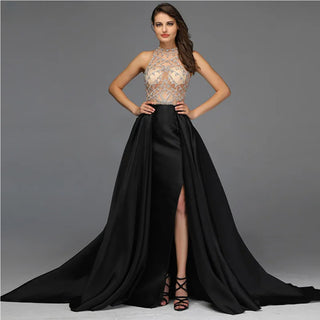 Black Satin Evening Dress 2024 - Sleeveless Luxury Formal Gown with Diamond Perspective Detailing