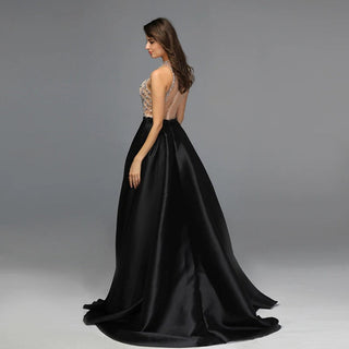 Black Satin Evening Dress 2024 - Sleeveless Luxury Formal Gown with Diamond Perspective Detailing