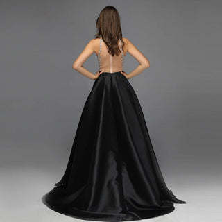 Black Satin Evening Dress 2024 - Sleeveless Luxury Formal Gown with Diamond Perspective Detailing