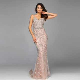 Dubai Grey Mermaid Evening Dress: 2024 Luxury Pearls Beading Sleeveless Gown, Real Photo