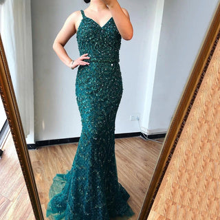 Dubai Grey Mermaid Evening Dress: 2024 Luxury Pearls Beading Sleeveless Gown, Real Photo