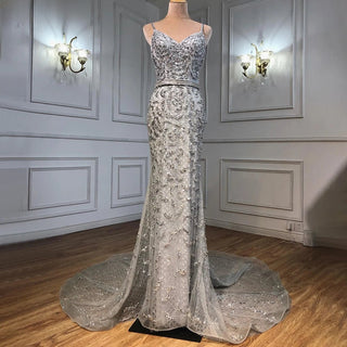 Dubai Grey Mermaid Evening Dress: 2024 Luxury Pearls Beading Sleeveless Gown, Real Photo