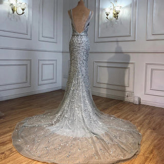 Dubai Grey Mermaid Evening Dress: 2024 Luxury Pearls Beading Sleeveless Gown, Real Photo