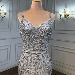 Dubai Grey Mermaid Evening Dress: 2024 Luxury Pearls Beading Sleeveless Gown, Real Photo