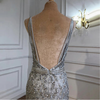 Dubai Grey Mermaid Evening Dress: 2024 Luxury Pearls Beading Sleeveless Gown, Real Photo