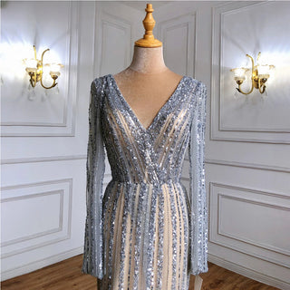 Silver Blue Mermaid Split Evening Dress - Elegant Luxury Gown for 2024 Women's Party