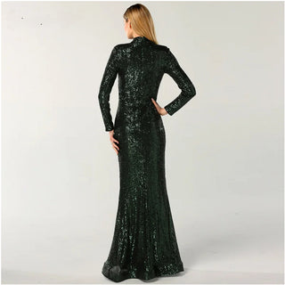 Green High Neck Evening Dress with Sequined Long Sleeves - Designer Luxury for Women's Party 2024