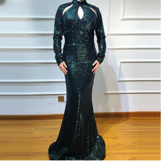 Green High Neck Evening Dress with Sequined Long Sleeves - Designer Luxury for Women's Party 2024