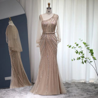 Champagne Elegance: Dubai-Inspired Mermaid Evening Gown with Silver Cape Accent - One-Shoulder Wonder for Proms, Weddings, and Grand Soirees.