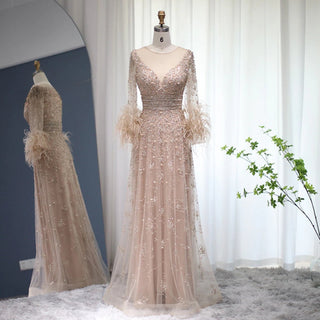 Dubai Elegant Nude Luxury 2024 Beaded Feathers Long Formal Occasion Evening Dress: For Women's Wedding