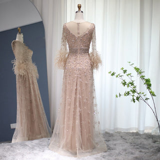 Dubai Elegant Nude Luxury 2024 Beaded Feathers Long Formal Occasion Evening Dress: For Women's Wedding