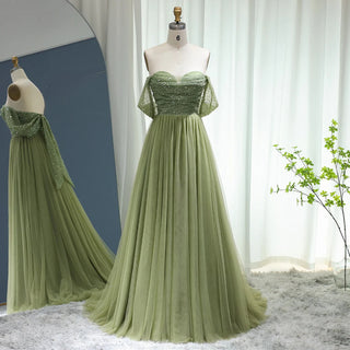 Elegant Off-Shoulder Sage Evening Dress: Luxury Beaded Arabic Long Formal Party Gown for Women's Wedding Guest