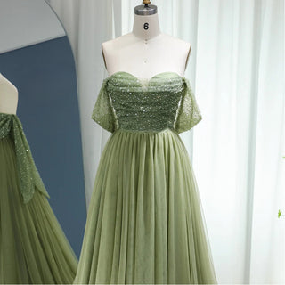 Elegant Off-Shoulder Sage Evening Dress: Luxury Beaded Arabic Long Formal Party Gown for Women's Wedding Guest