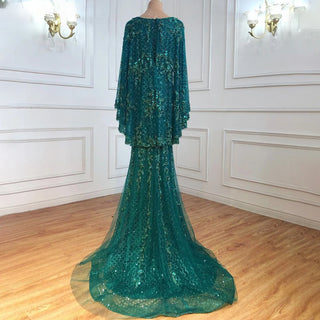 Luxury Dubai Gold Mermaid Evening Dresses with Cape Shawl: Arabic Formal Prom Dress for Women at Wedding Parties