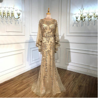 Luxury Dubai Gold Mermaid Evening Dresses with Cape Shawl: Arabic Formal Prom Dress for Women at Wedding Parties