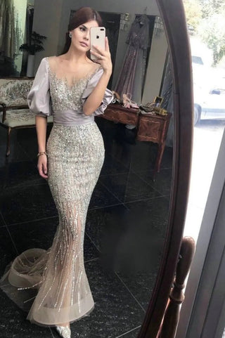 Ships in 1 to 3 Days - Silver Luxury Crew Neck Evening Dress - Stunning Beaded Sheath Mermaid Gown with Puff Sleeves for Wedding Guests