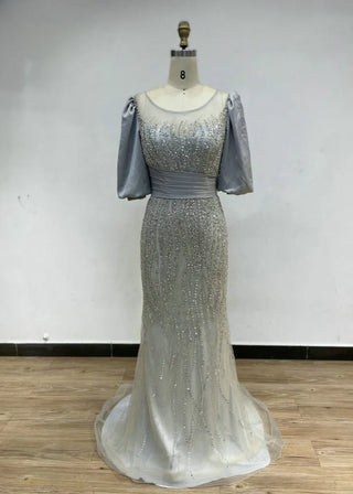 Ships in 1 to 3 Days - Silver Luxury Crew Neck Evening Dress - Stunning Beaded Sheath Mermaid Gown with Puff Sleeves for Wedding Guests