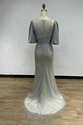 Ships in 1 to 3 Days - Silver Luxury Crew Neck Evening Dress - Stunning Beaded Sheath Mermaid Gown with Puff Sleeves for Wedding Guests