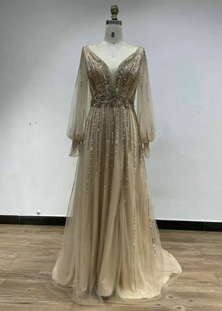 Caramel Luxury Plunging Neckline A-Line Evening Dress - Crystal Beaded Long Sleeves Party Gown for Women in Dubai