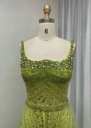 Apple Green Luxury Mermaid Evening Gown - Beaded Wedding Party Dress with Train and Sexy Square Neck for Women