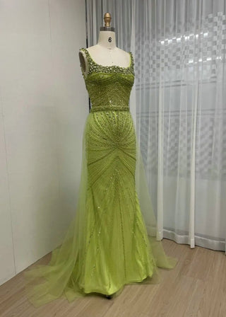 Apple Green Luxury Mermaid Evening Gown - Beaded Wedding Party Dress with Train and Sexy Square Neck for Women