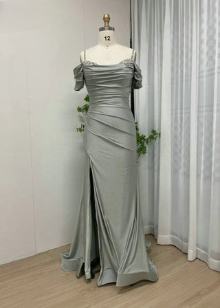 Light Green Elegant Off-Shoulder Prom Dress - Beaded Spaghetti Straps High Slit Satin Evening Gown for Formal Parties