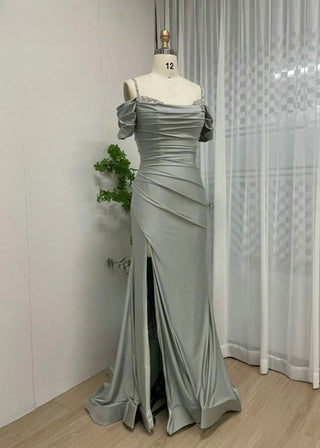 Light Green Elegant Off-Shoulder Prom Dress - Beaded Spaghetti Straps High Slit Satin Evening Gown for Formal Parties