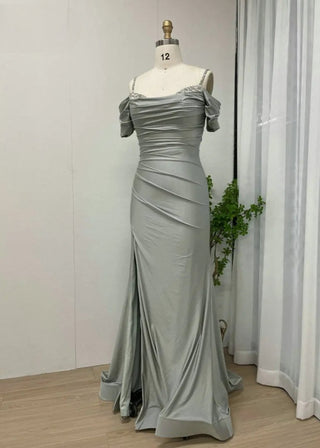 Light Green Elegant Off-Shoulder Prom Dress - Beaded Spaghetti Straps High Slit Satin Evening Gown for Formal Parties