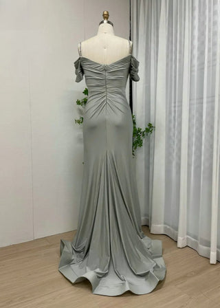 Light Green Elegant Off-Shoulder Prom Dress - Beaded Spaghetti Straps High Slit Satin Evening Gown for Formal Parties