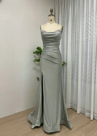 Light Green Elegant Off-Shoulder Prom Dress - Beaded Spaghetti Straps High Slit Satin Evening Gown for Formal Parties