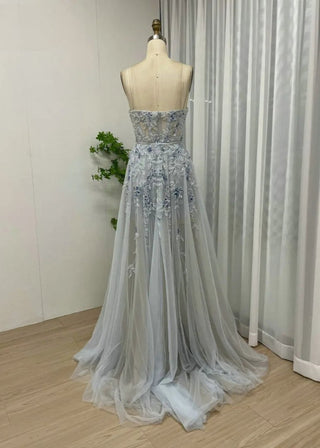 Ships in 1 to 3 Days - Stunning Blue V-Neck Backless Cocktail Dress - Beaded Lace Wedding Party Mini Gown with Detachable Train