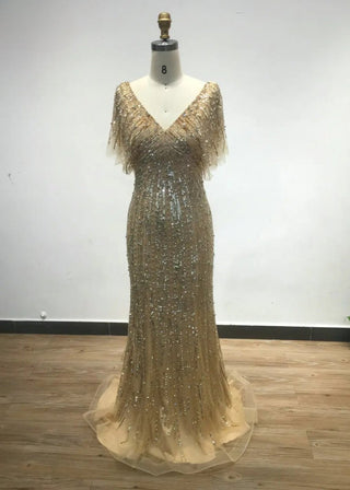 Ships in 1 to 3 Days - Dubai Gold V-Neck Mermaid Evening Dress - Luxury Beaded Gown with Short Sleeves for Women’s Wedding Parties