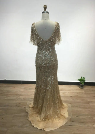 Ships in 1 to 3 Days - Dubai Gold V-Neck Mermaid Evening Dress - Luxury Beaded Gown with Short Sleeves for Women’s Wedding Parties